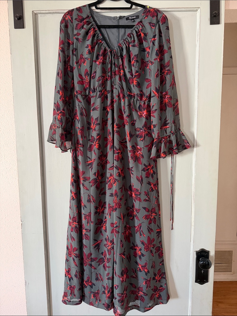 Gray Maxi Dress with Red Floral Print